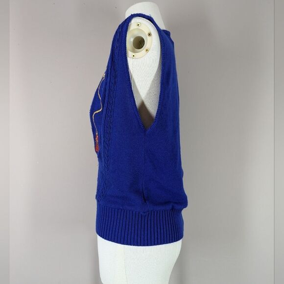 Vintage Blue Acrylic Vest Embroidered Tassels Size 6 Retro - Picture 2 of 9